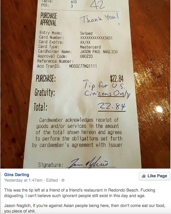 Redondo Beach Man Stiffs Waitress Says Tips For U S Citizens Only Crooks And Liars