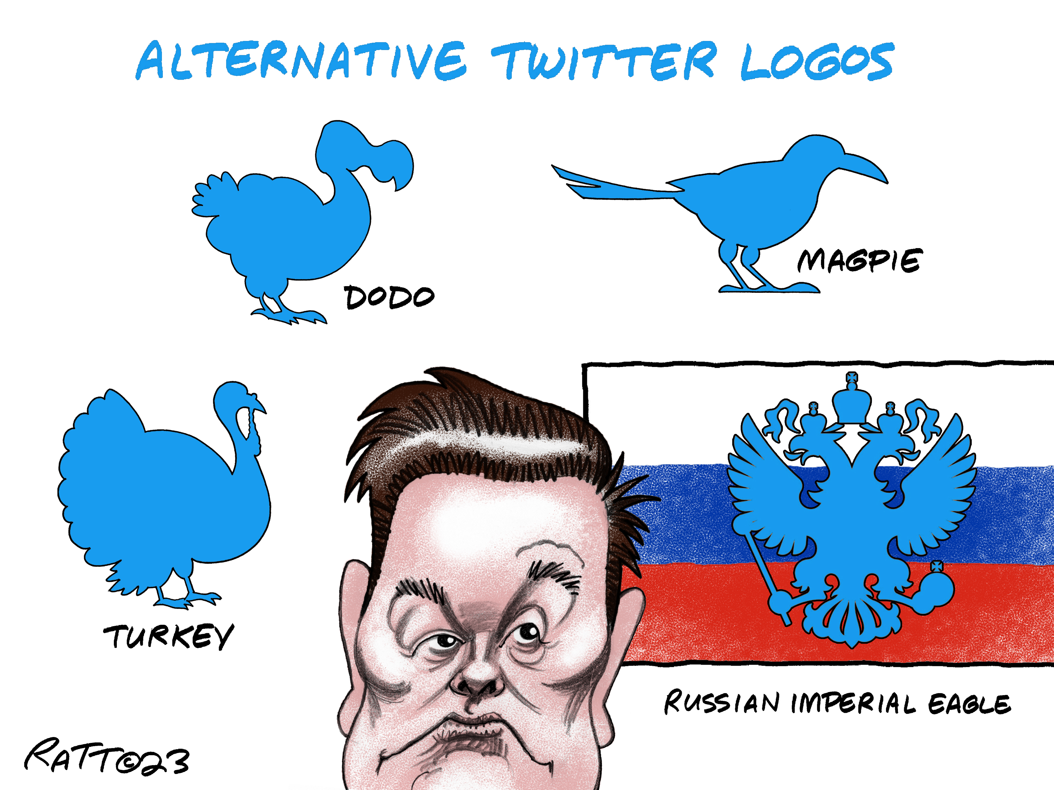 Title:  Alternative Twitter Logos.  Image:  Elon Must surrounded by images:  A blue dodo, a blue magpie, a blue turkey, and a blue Russian imperial eagle.