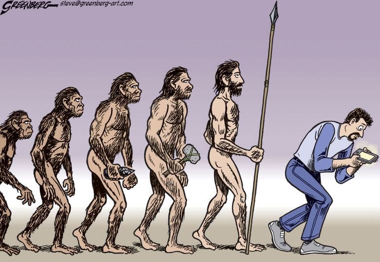 Image of man evolving from apes, learning to walk upright, then once again walking hunched over, glued to a cell phone.