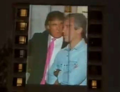 Trump And Epstein Photos Projected Onto Hotel Wall Prior To WHCD